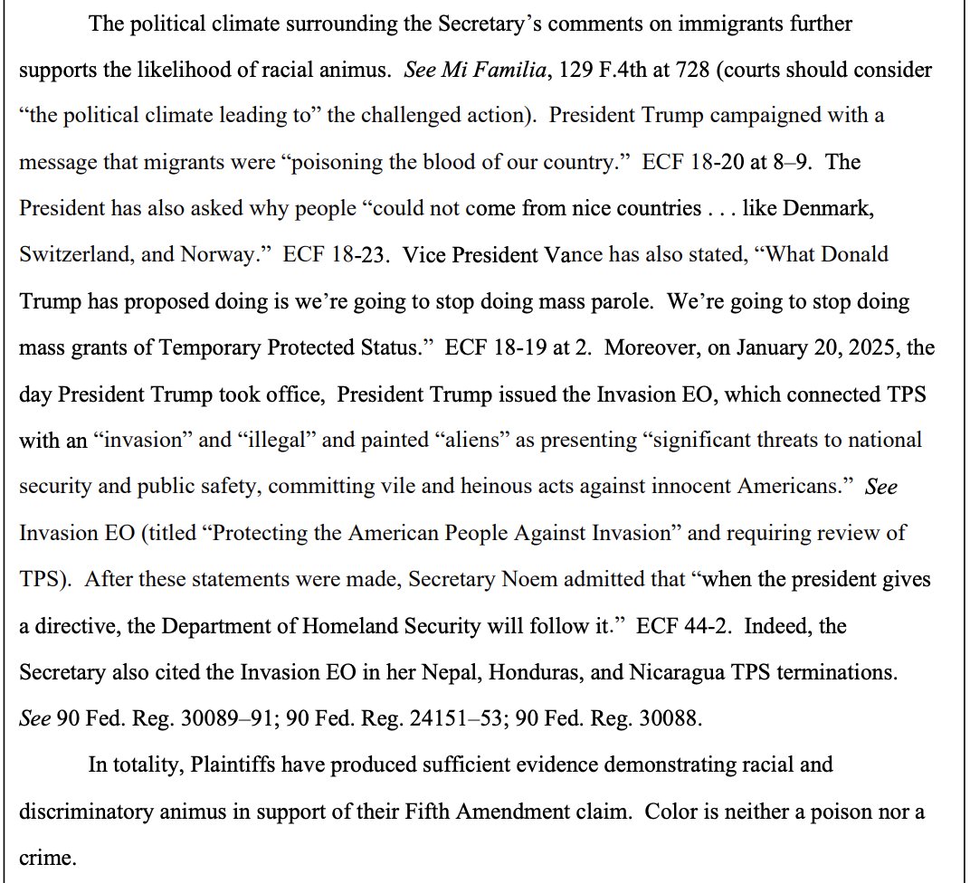Judge Trina Thompson cited comments from Noem and others comparing TPS holders — who have lawful status — to criminals and people in the country illegally. She said Noem's comments, in particular, seemed to espouse replacement theory. "Color is neither a poison nor a crime.