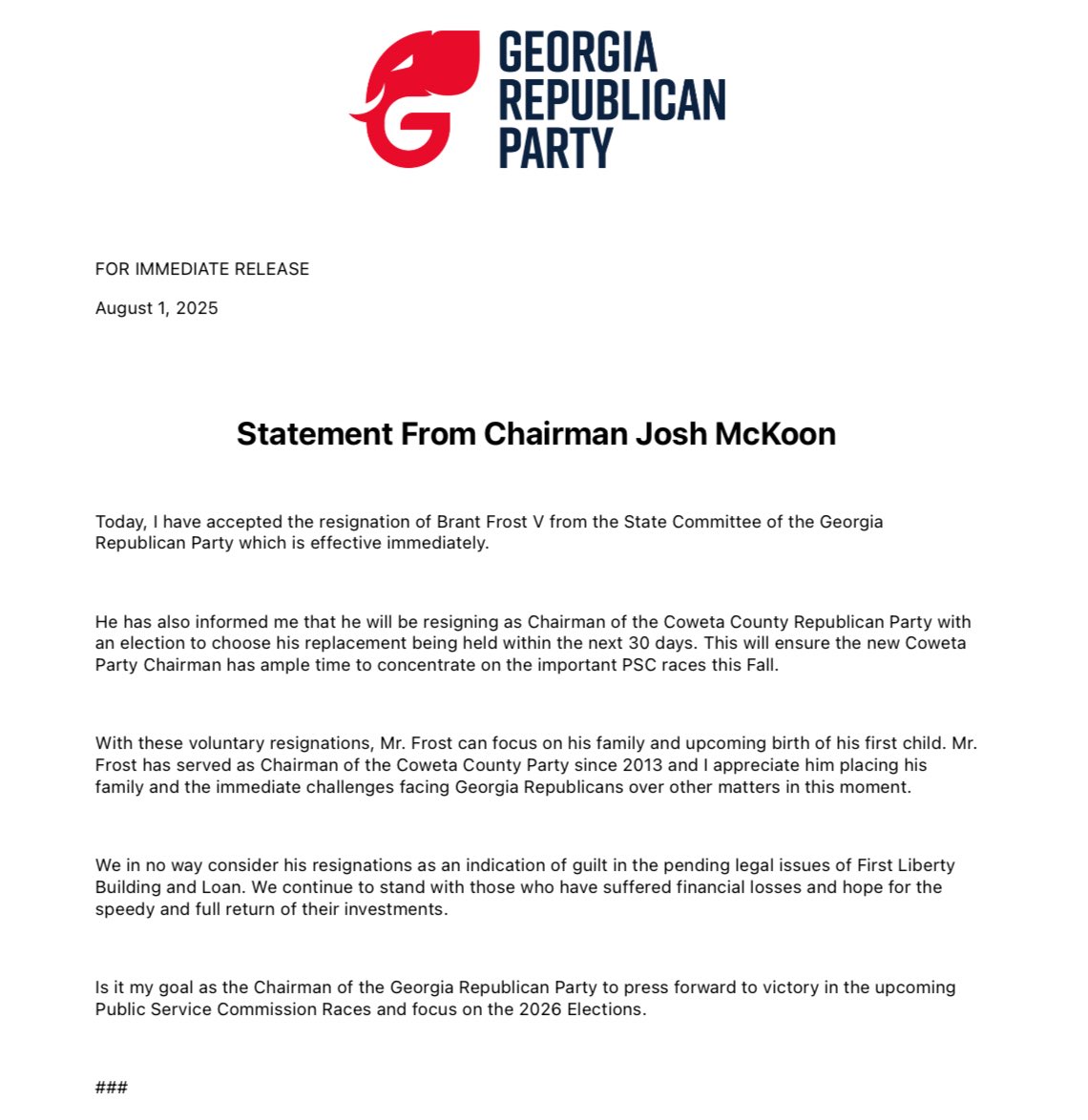 🚨 BREAKING: Brant Frost V has officially resigned from the GAGOP State Committee and as Chair of the Coweta County GOP.

This comes amid sustained public pressure following revelations surrounding First Liberty’s $140 million Ponzi scheme, run by the Frost family and confirmed