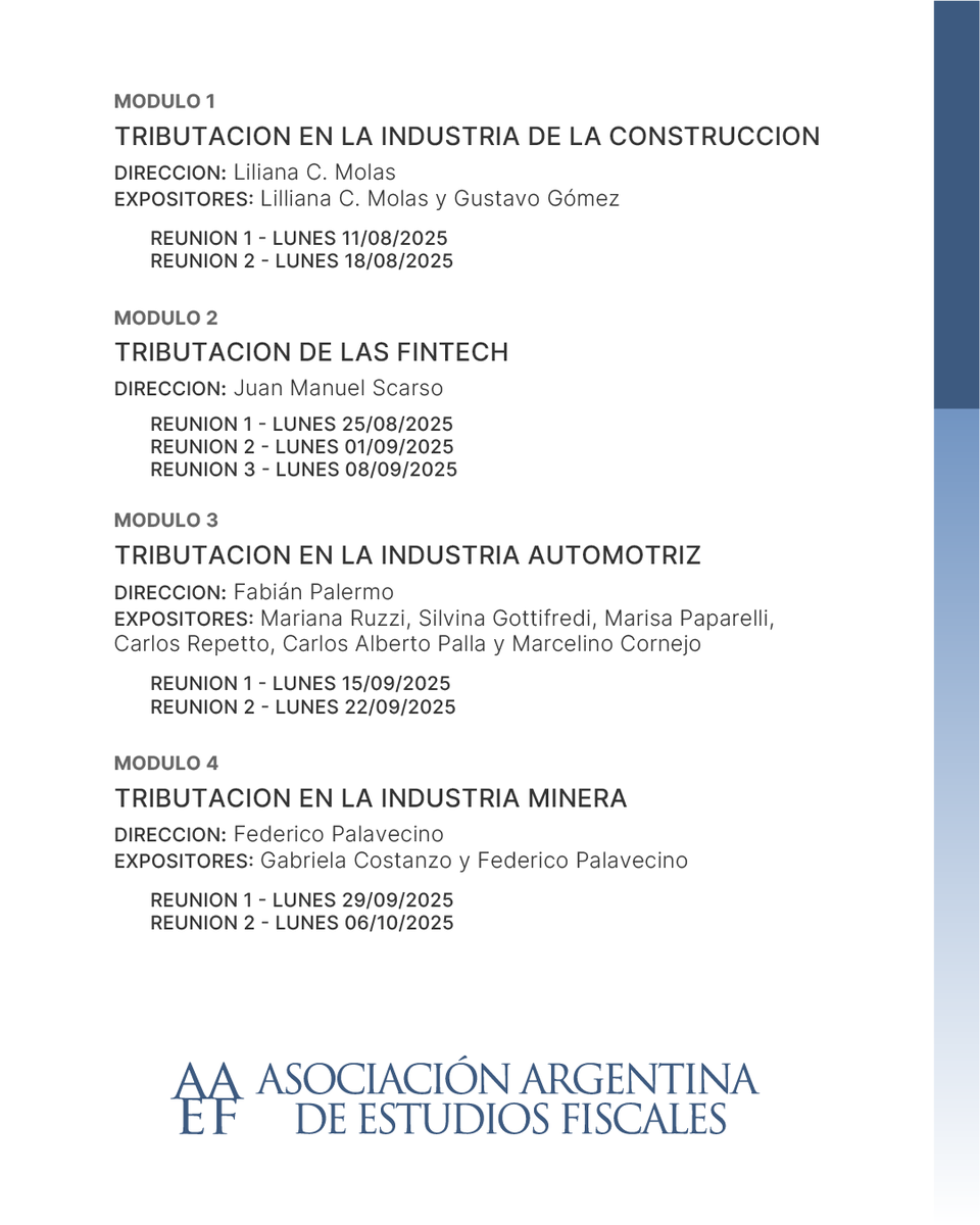 📢 PRÓXIMO A COMENZAR: Ciclo de Impuestos Especializados por
Sector de la Economía
🕕 Días y horario: lunes de 17:00 a 19:00
📅 Inicio: lunes 11 de agosto de 2025
📂 Módulos: 4
#️⃣ Cantidad de reuniones: 9
💻 Modalidad: híbrida
🔗 Inscripción (ciclo completo):