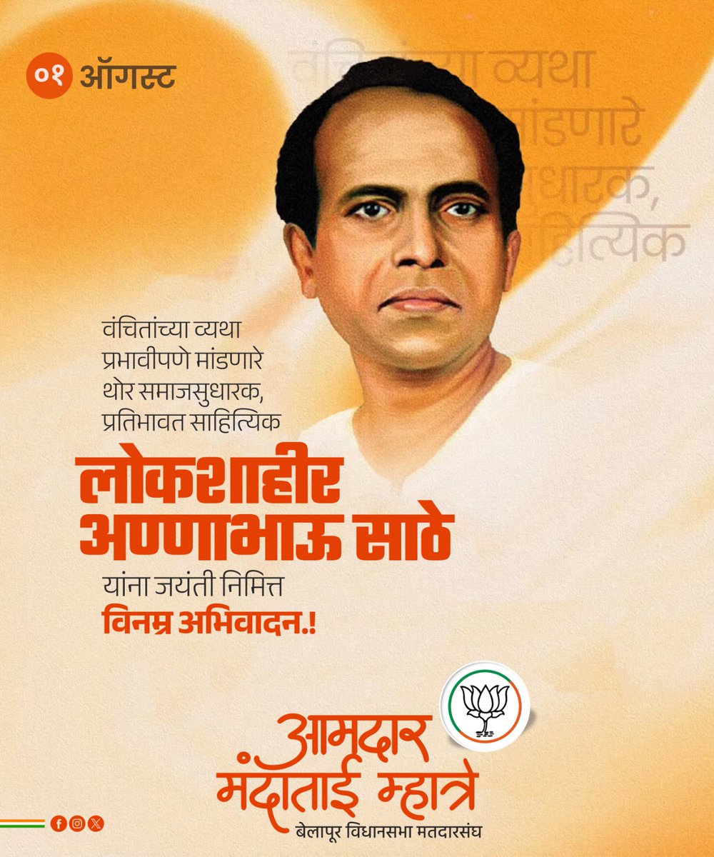 शोषितांचा आक्रोश शब्दातून मांडणारे, अन्यायाविरुद्ध लेखणीला हत्यार बनवणारे थोर समाजसुधारक, लेखक, कवी लोकशाहीर अण्णाभाऊ साठे यांना त्यांच्या १०५ व्या जयंतीनिमित्त कोटी कोटी वंदन!

#AnnabhauSathe105Jayanti #LokshahirAnnabhauSathe