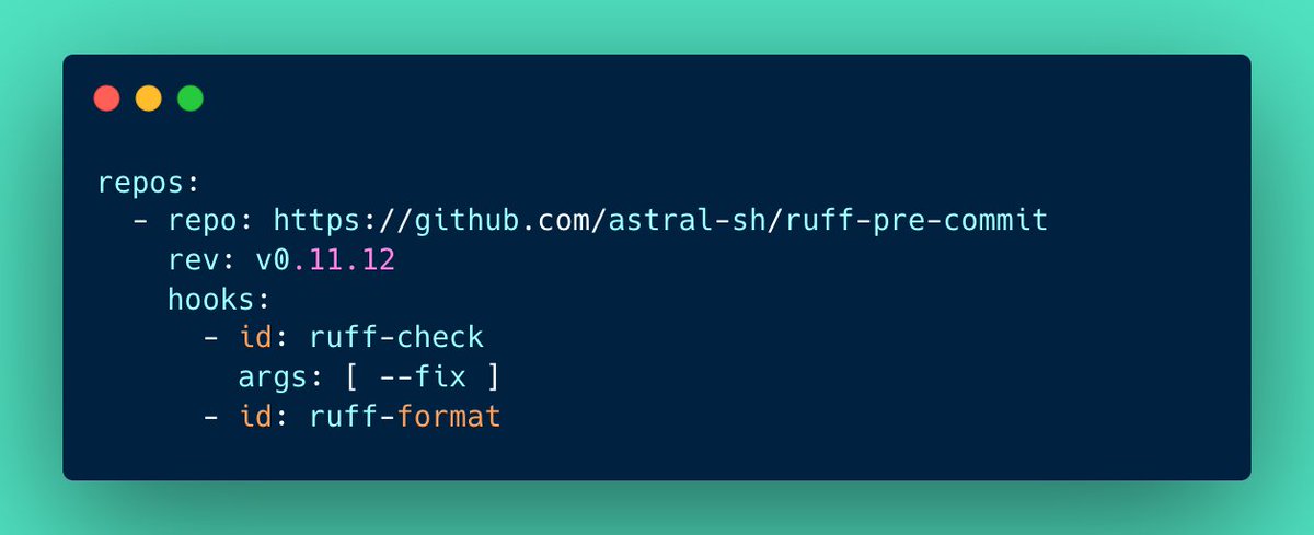 testdrivenio's tweet image. Python Clean Code Tip:

Catch linting issues before they reach your repo with pre-commit hook.

Install pre-commit framework, add .pre-commit-config.yaml, run pre-commit install.

Now linters run automatically before each commit. 

Issues = aborted commit.