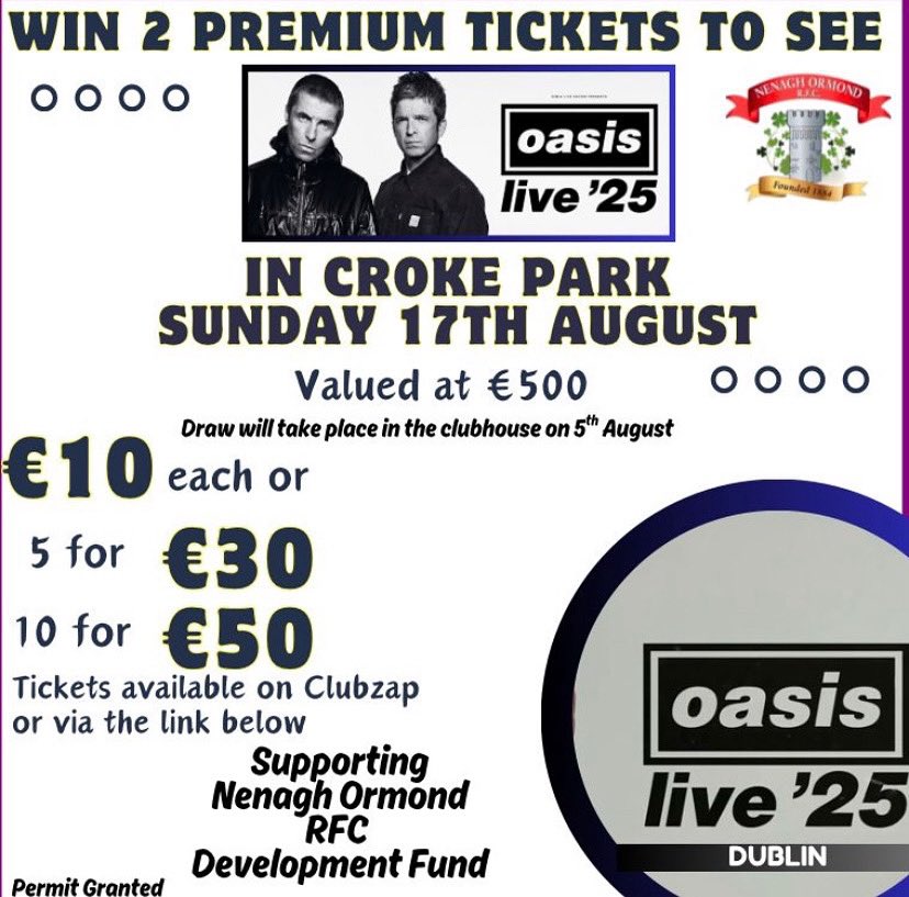 Last chance to win 2 premium tickets for Oasis, get your entries in. 🎫

Draw next Tuesday 5th august, get your tickets in our club shop⬇️

nenaghormondrfc.com/products