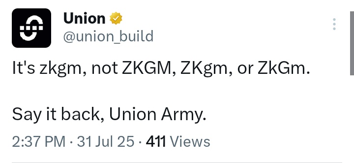 *Thank you, intern <a href="/union_build/">Union</a> 😂📣

Union Army, take note:
❌ ZKGM
❌ Zkgm
❌ ZkGm
✅ zkgm ✅

It’s the little things that count—stay sharp.
Union is long term. We move. 🦈🚀 

zkgm to those that still zkgm **