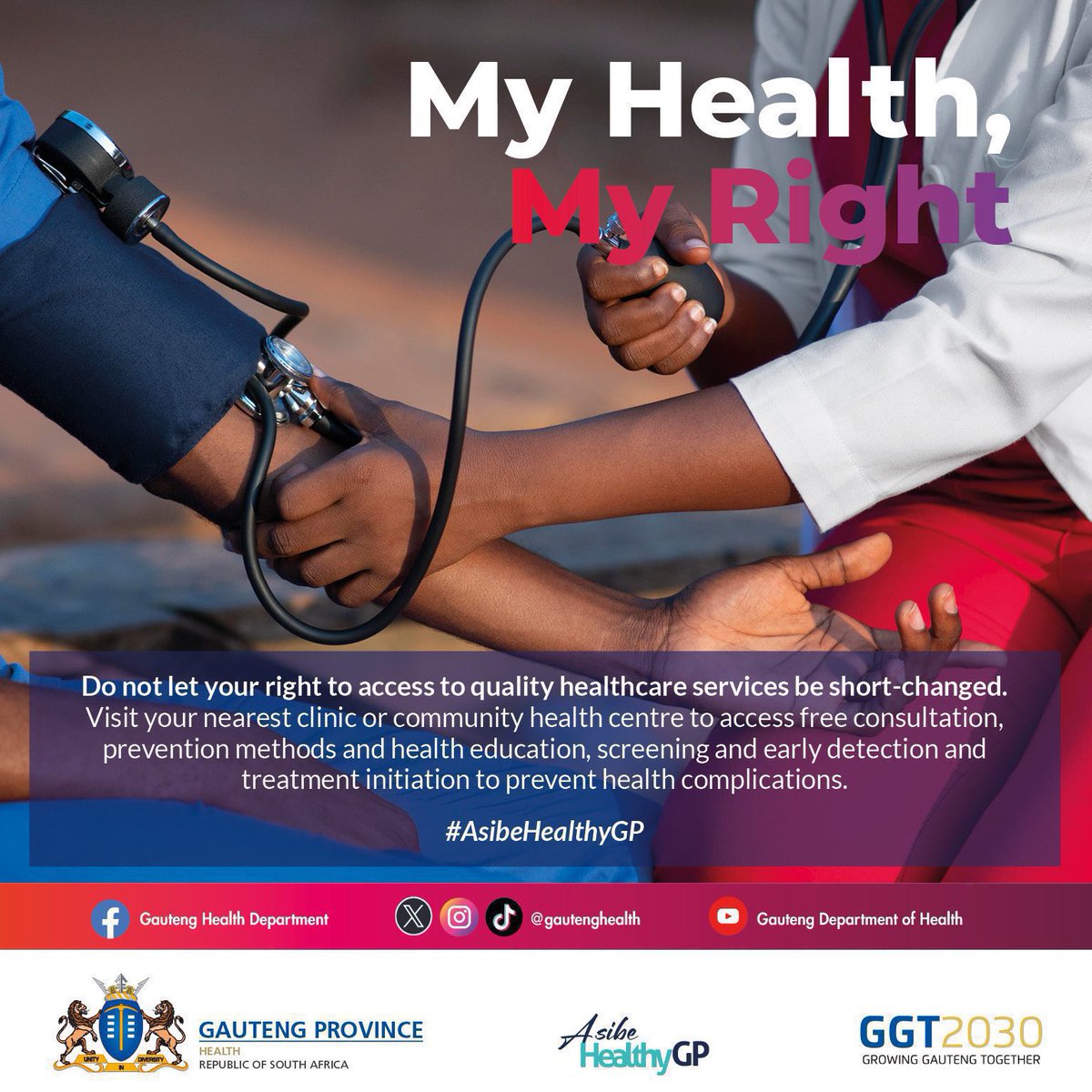 Mzansi, remember to make good decisions about your health. A visit to your local health facility guarantees you safe &amp; quality healthcare, &amp; education about the importance of prevention, early detection and treatment initiation to prevent health complications #AsibeHealthyGP