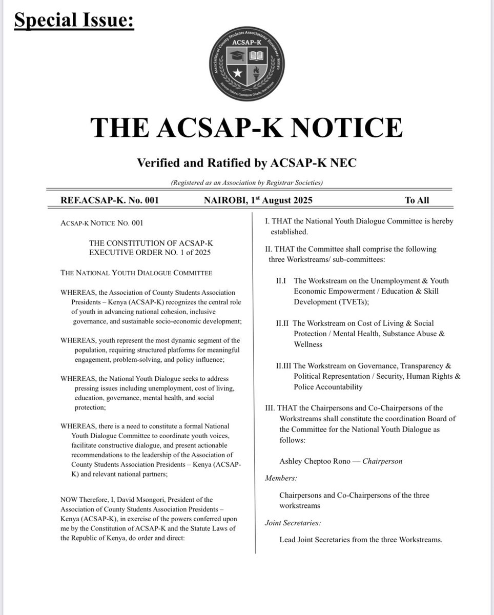 ACSP_K's tweet photo. The Association of County Students Association Presidents - Kenya (ACSAP-K) is thrilled to announce the appointment of the 150-member National Youth Dialogue Committee. #Tubonge https://t.co/MSpgAKoU3r