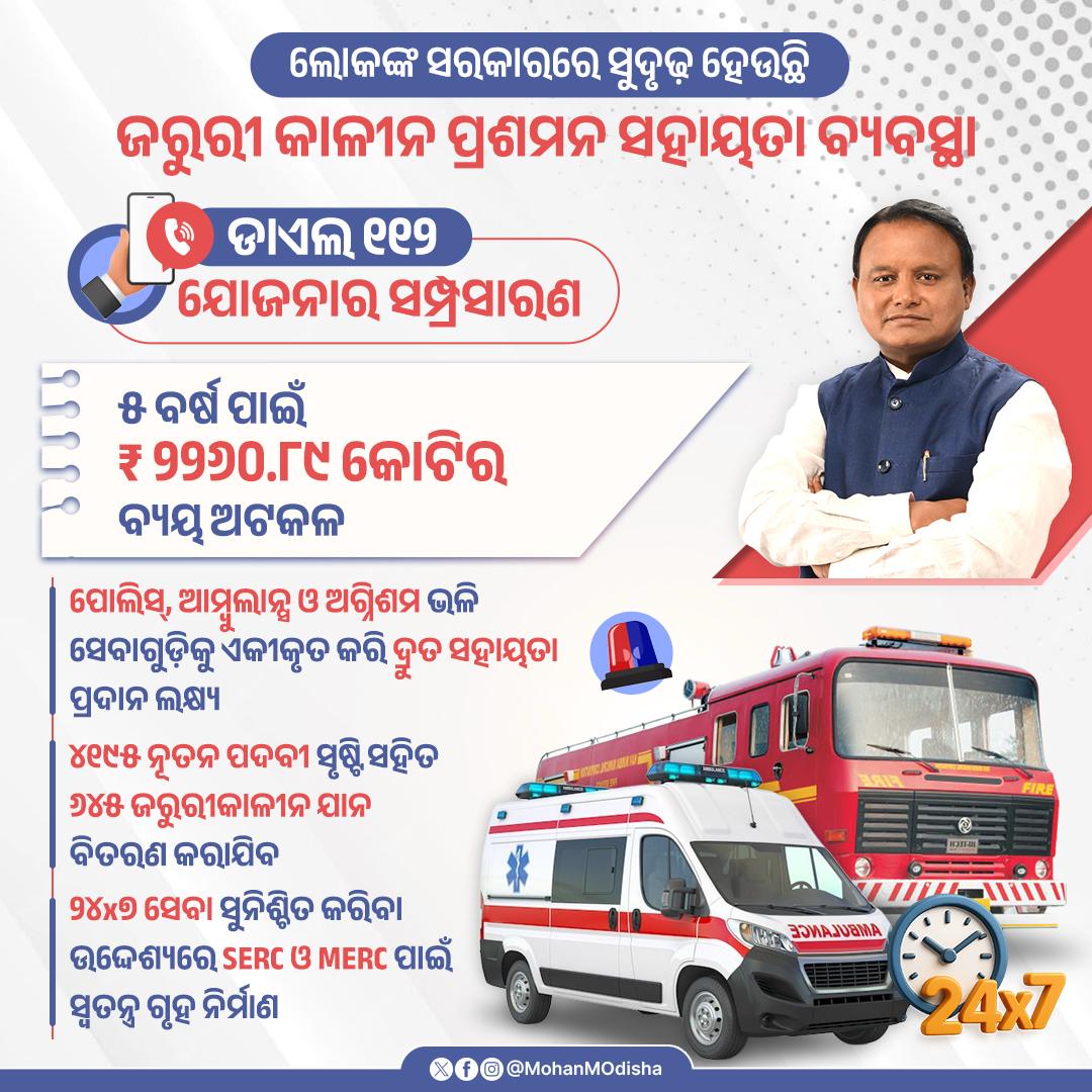 ପୋଲିସ୍, ଆମ୍ବୁଲାନ୍ସ ଓ ଅଗ୍ନିଶମ ଭଳି ସେବାଗୁଡ଼ିକୁ ଏକୀକୃତ କରି ଦ୍ରୁତ ସହାୟତା ପ୍ରଦାନ ଉଦ୍ଦେଶ୍ୟରେ ଜରୁରୀ କାଳୀନ ପ୍ରଶମନ ସହାୟତା ବ୍ୟବସ୍ଥା (ERSS)-ଡାଏଲ୍ ୧୧୨ ଯୋଜନାକୁ ଆଗାମୀ ୫ ବର୍ଷ ଯାଏଁ ସମ୍ପ୍ରସାରିତ କରାଯାଇଛି । ଏହି ଯୋଜନାରେ ଆପଣମାନେ ଯେ କୌଣସି ସହାୟତା ପାଇଁ ୧୧୨ କୁ କଲ କରି ତ୍ୱରିତ ସହାୟତା ପାଇପାରିବେ।