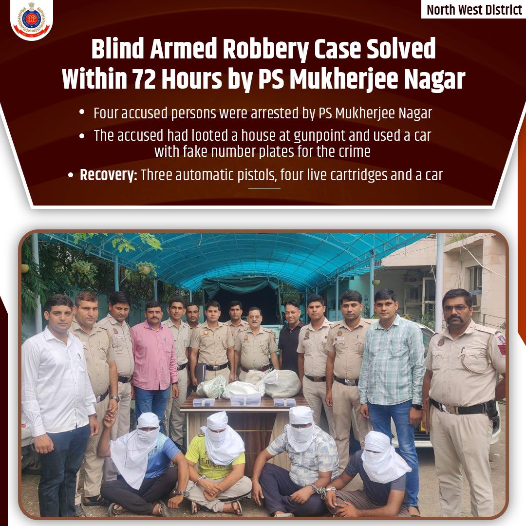 🔸In a swift breakthrough, PS Mukherjee Nagar solved a blind armed robbery case within 72 hours. 

🔸Four accused persons were arrested for looting a house at gunpoint using a car with fake plates. 

🔸Recovery includes 3 automatic pistols, 4 live cartridges &amp; a car.