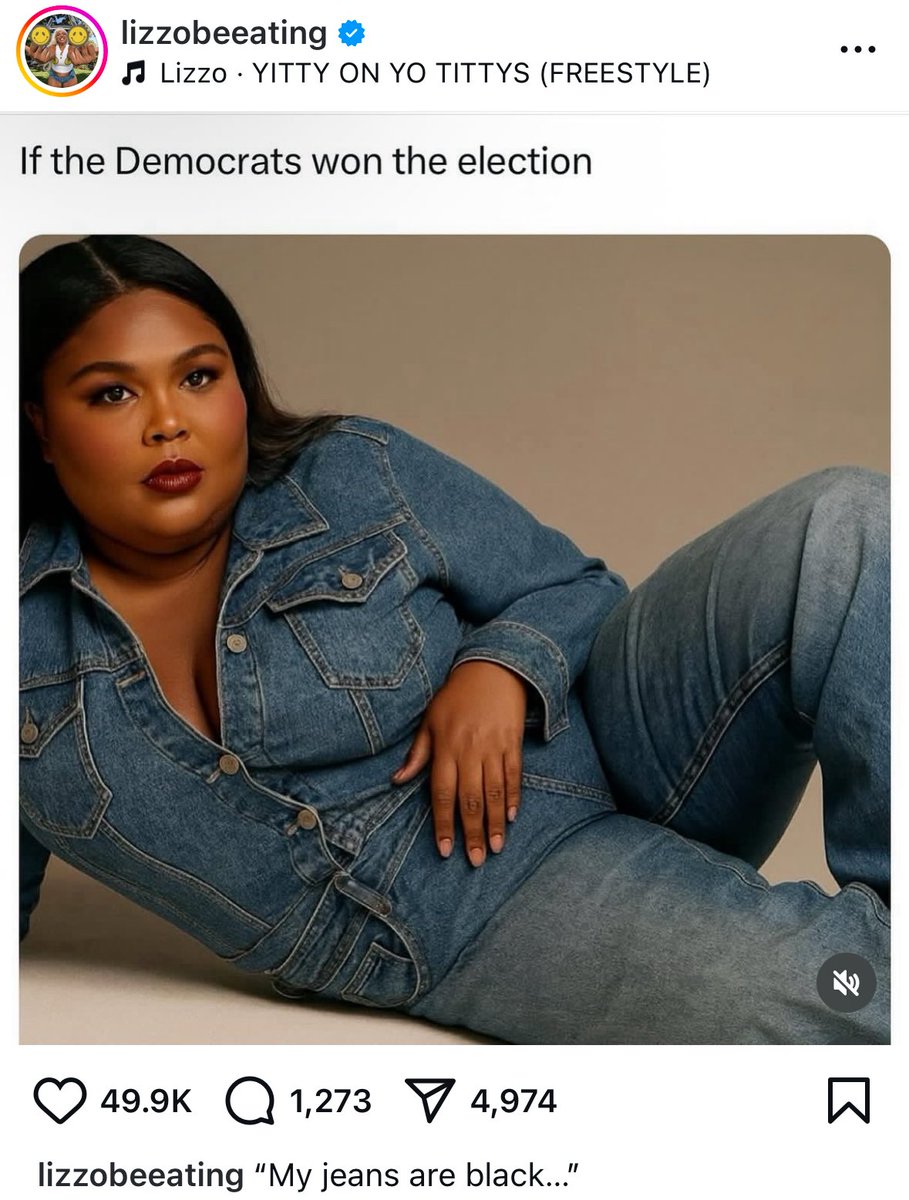 OliLondonTV's tweet photo. Lizzo posts AI image of herself mocking Sydney Sweeney’s American Eagle ad. 

“My jeans are black…” https://t.co/myA69BCHBI