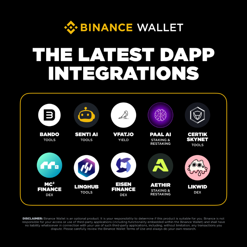 BinanceWallet's tweet photo. New integrations are now live on #BinanceWallet!

Check out the newly added dApps: Bando, Senti AI, vfat, Paal AI, Certik Skynet, MC² Finance, LinqHub, Eisen Finance, Aethir, LIKWID

Discover them now! ⤵️