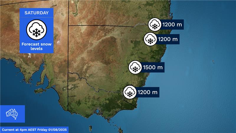 BOM_au's tweet photo. #Snow will fall over parts of #NSW on Fri & Sat, including #SnowyMountains, #CentralTablelands, #BarringtonTops & #NorthTablelands. A rare flurry also possible in far south #Qld early Sat. More: https://t.co/jlOoTZL1iF https://t.co/kBX7FrnWIL