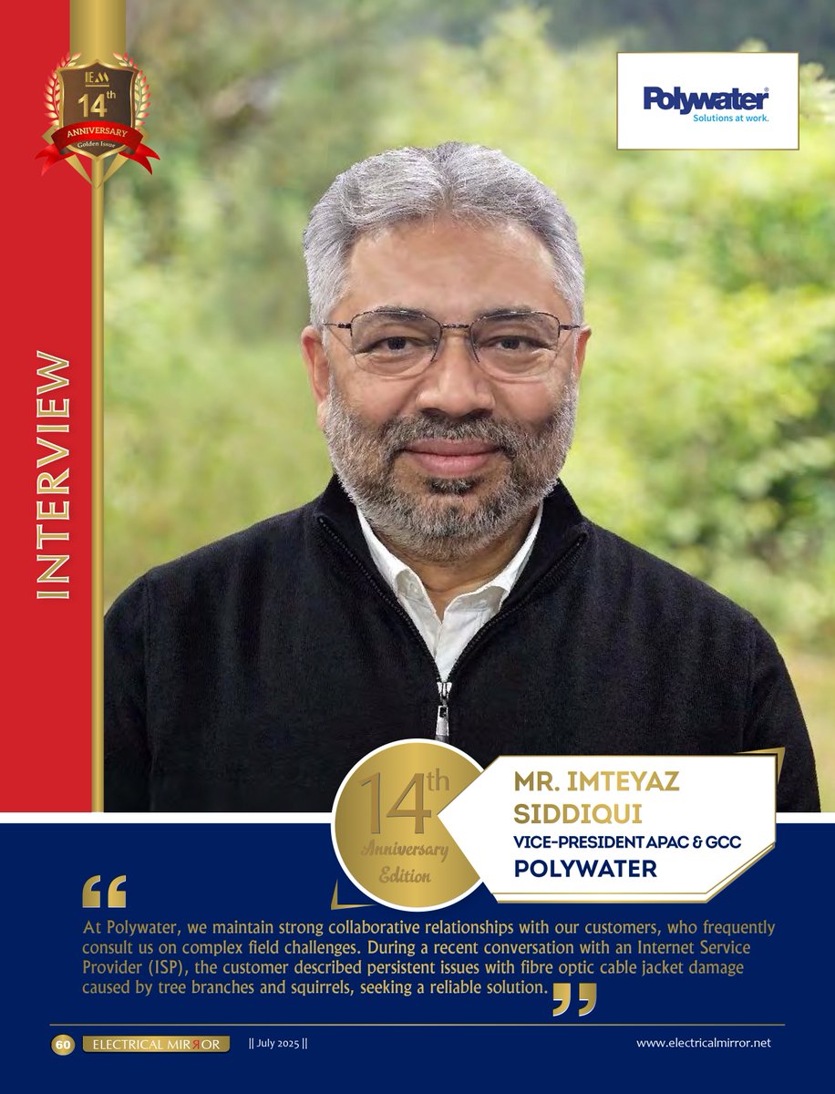 Electricalmirro's tweet photo. 🚀 Innovation in Action: Polywater’s Global Push!
Mr. Imteyaz Siddiqui shares how Polywater is reshaping cable solutions with AI tools, Pull-Planner, CJR & ZipSeal.
Read more: https://t.co/Tjc7ZTVsK9
🎉14 Years of Electrical Mirror!
#ElectricalMirror #Polywater #PowerSector https://t.co/eXVCTqacrl
