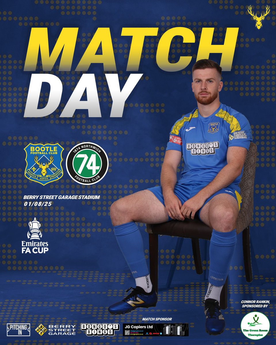 Football is back! It’s Emirates FA Cup Matchday at the Berry Street Garage Stadium!

🆚 <a href="/1874Northwich/">1874 Northwich</a> 
🏆 <a href="/EmiratesFACup/">Emirates FA Cup</a> 
🏟️ Berry Street Garage Stadium, L30 1NY
⏰ 7.45pm KO
🎟️ bootlefc.com/tickets
🤝 Match Sponsor: JG Copiers Ltd

#UpTheBucks 🟡