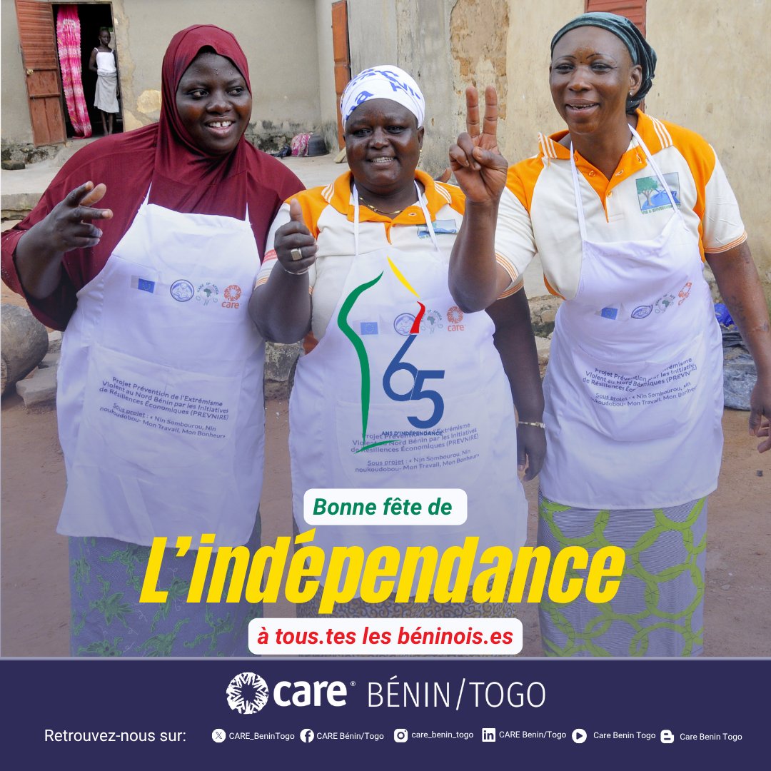 🇧🇯 En ce jour d’indépendance, CARE Bénin/Togo rend hommage à la résilience du peuple béninois.
Nous restons engagés pour un avenir inclusif, équitable et solidaire. 
✨ Bonne fête à toutes et à tous !
#IndépendanceBénin #CAREBeninTogo #JusticeSociale #SolidaritéActive