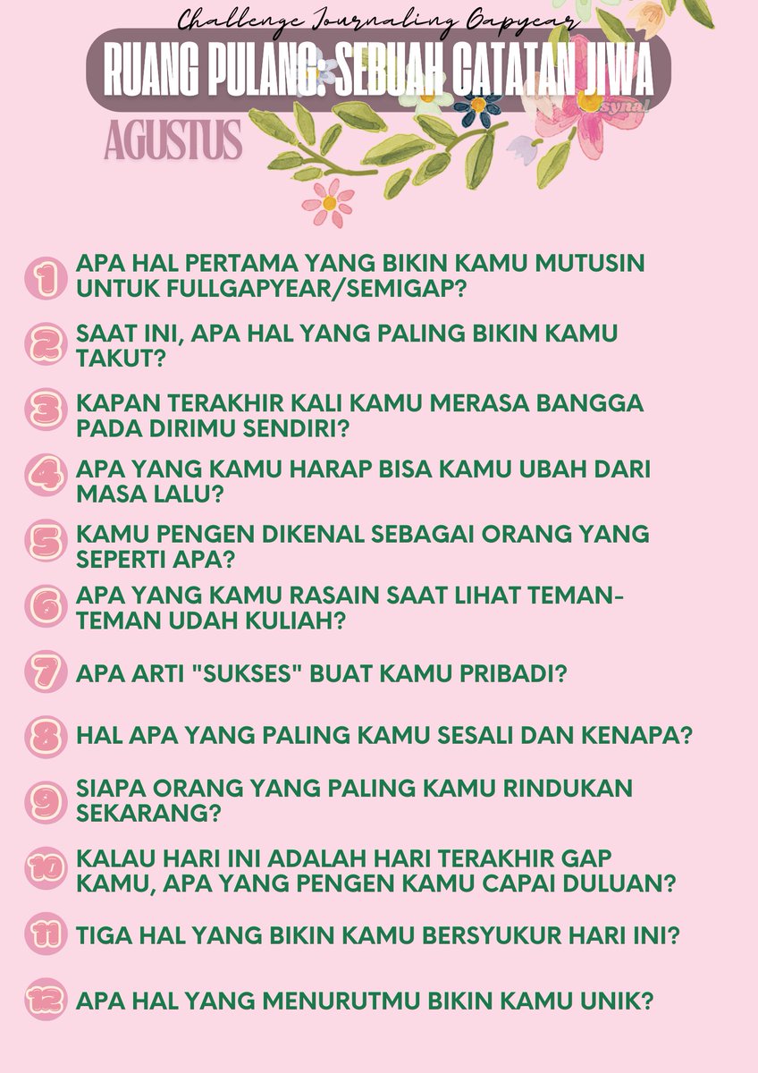 raithnal's tweet photo. aktivitas selain belajar si utbk-utbk itu, kita ni butuh belajar memahami diri sendiri yg lebih rumit 🤗 

makanya, ikutlah challenge journaling enih #wanjay #gapyear #semigapyear #studytwt. awali Agustus mu dengan "Awal yang jujur" 💐🍁 https://t.co/RWB1RVUBBa
