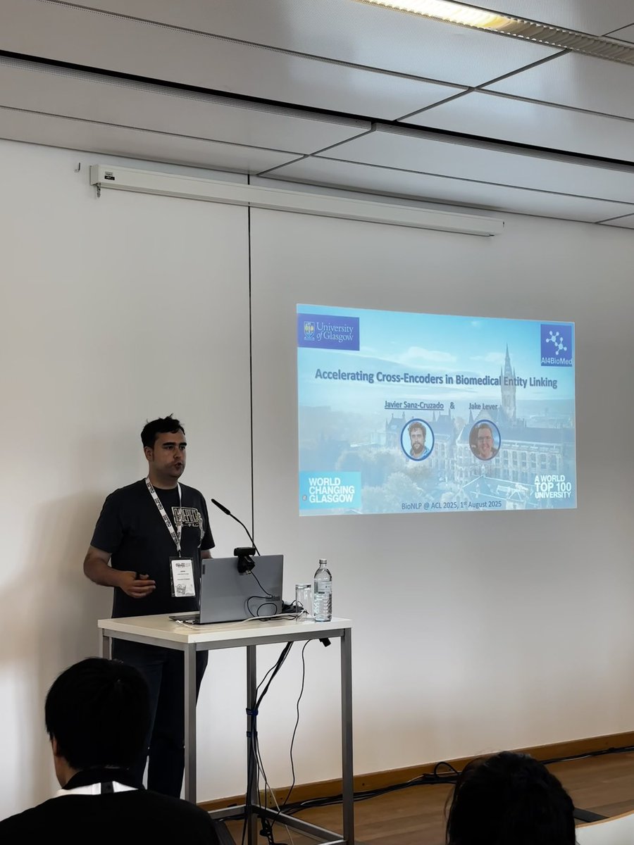 Xi Zhang (@_xizhang) on Twitter photo ๐ข Kicking off the day at the BioNLP Workshop with the opening talk!
๐งฌ Accelerating Cross-Encoders in Biomedical Entity Linking
With: <a href="/JavierSanzCruza/">Javier Sanz-Cruzado</a> & <a href="/jakelever0/">Jake Lever</a>
๐ Room 2.15
๐ 08:50โ09:10
Drop by if youโre around โ would love to chat!
#BioNLP #ACL2025NLP #EntityLinking ๐ข Kicking off the day at the BioNLP Workshop with the opening talk!
๐งฌ Accelerating Cross-Encoders in Biomedical Entity Linking
With: <a href="/JavierSanzCruza/">Javier Sanz-Cruzado</a> & <a href="/jakelever0/">Jake Lever</a>
๐ Room 2.15
๐ 08:50โ09:10
Drop by if youโre around โ would love to chat!
#BioNLP #ACL2025NLP #EntityLinking