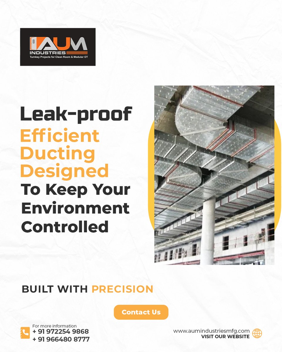 AumIndustries's tweet image. Ensure a contaminant-free, controlled environment with AUM Industries&apos; leak-proof, efficient ducting systems. Engineered for precision and performance in pharma and healthcare infrastructure. Trust the experts in turnkey cleanroom solutions.

#aumindustries #ductingsolutions