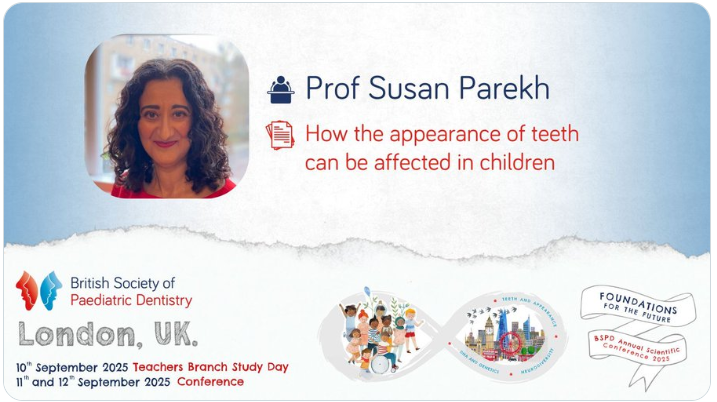 Highlight at #BSPD202
Prof Susan Parekh, Professor/Honorary Consultant in Paediatric Dentistry, <a href="/ucl/">UCL</a>  “How the appearance of teeth can be affected in children”  
Find out more here: ow.ly/AESX50Wva00  #dentistry #paediatricdentist @connectTrainees @bspdteachers