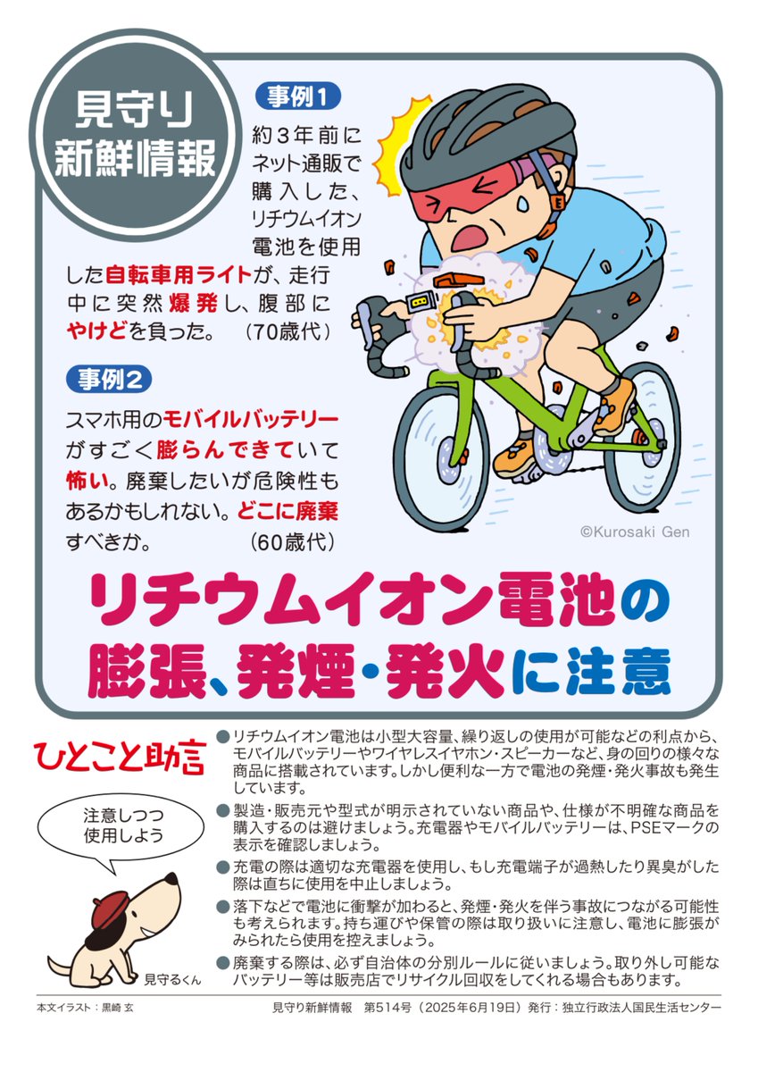 リチウムイオン電池の発火などにご注意！】 ①製造・販売元や型式 