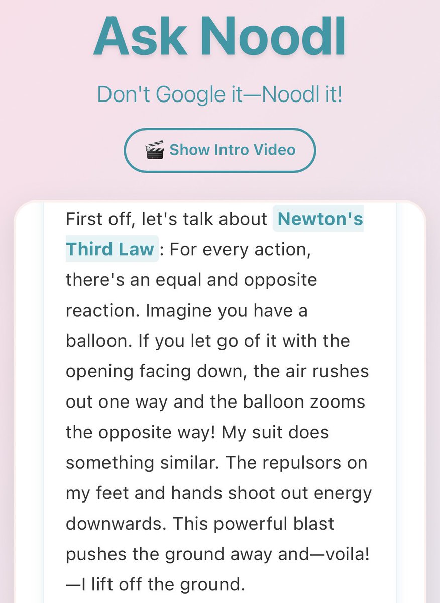 noodlworksai's tweet image. A 6th grader asked #ironman in #asknoodl how his suit flies using #newton’s laws #kids #safeai
