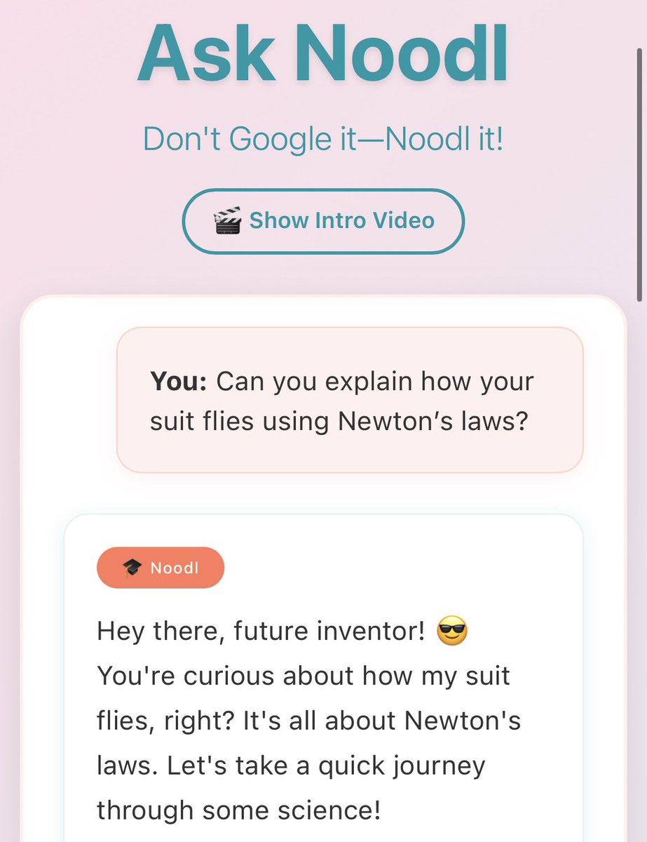 noodlworksai's tweet image. A 6th grader asked #ironman in #asknoodl how his suit flies using #newton’s laws #kids #safeai