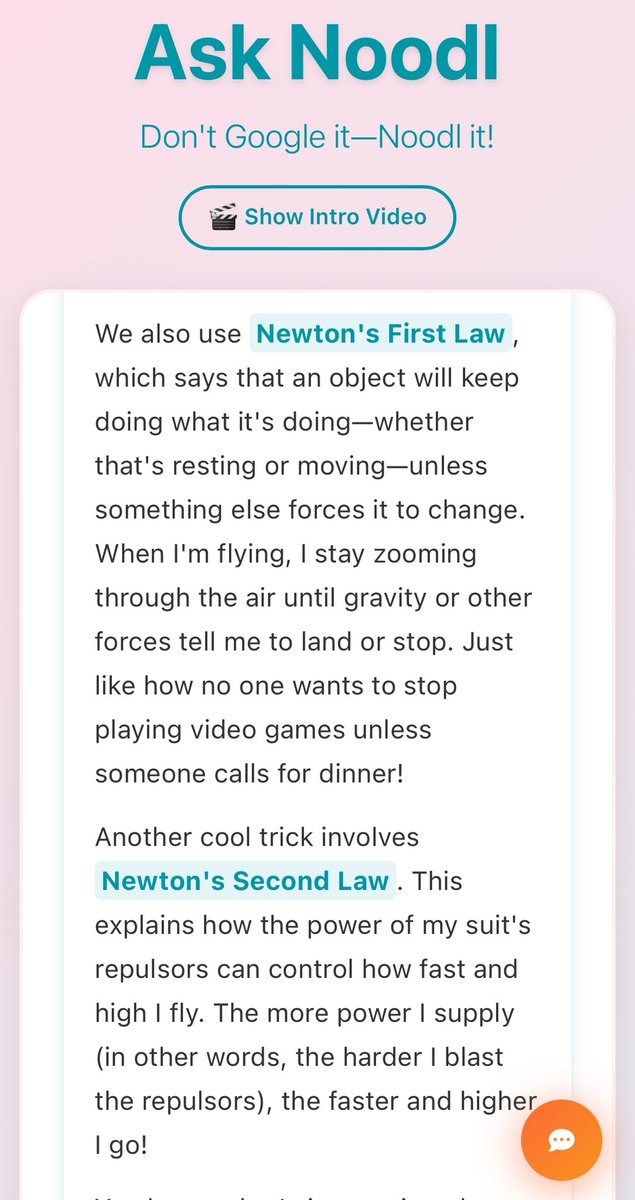 noodlworksai's tweet image. A 6th grader asked #ironman in #asknoodl how his suit flies using #newton’s laws #kids #safeai