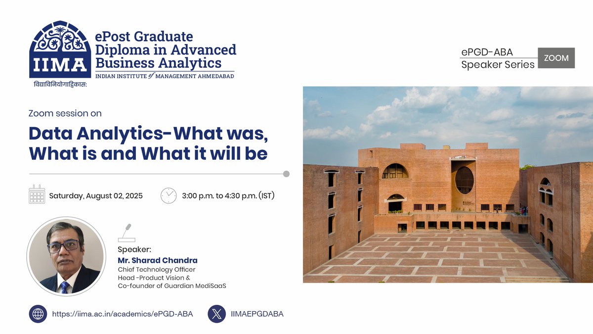 Speaker Session!    

We are glad to announce our speaker session featuring Mr. Sharad Chandra, Chief Technology Officer &amp; Co-founder of Guardian MediSaaS.

He will give a talk on “Data Analytics - What was, What is and What it will be ” to the students of the ePGD-ABA.