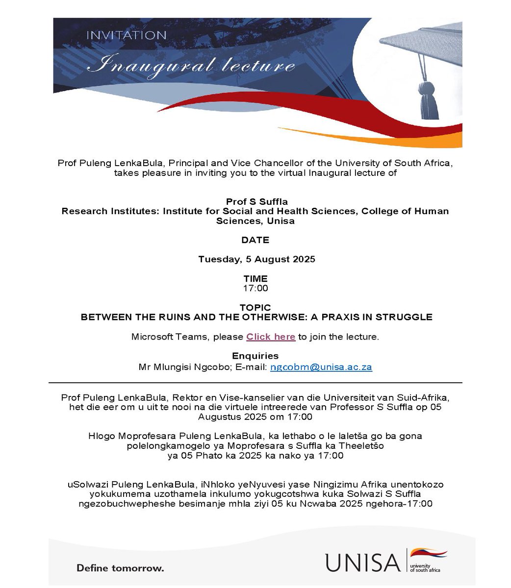 𝐄𝐕𝐄𝐍𝐓 𝐀𝐋𝐄𝐑𝐓!

Virtual Inaugural Lecture of Prof Shahnaaz Suffla

"𝗕𝗲𝘁𝘄𝗲𝗲𝗻 𝘁𝗵𝗲 𝗥𝘂𝗶𝗻𝘀 𝗮𝗻𝗱 𝘁𝗵𝗲 𝗢𝘁𝗵𝗲𝗿𝘄𝗶𝘀𝗲: 𝗔 𝗣𝗿𝗮𝘅𝗶𝘀 𝗶𝗻 𝗦𝘁𝗿𝘂𝗴𝗴𝗹𝗲"

Date: Tuesday, 5 August 2025
Time: 17:00
Link to join: teams.microsoft.com/l/meetup-join/…