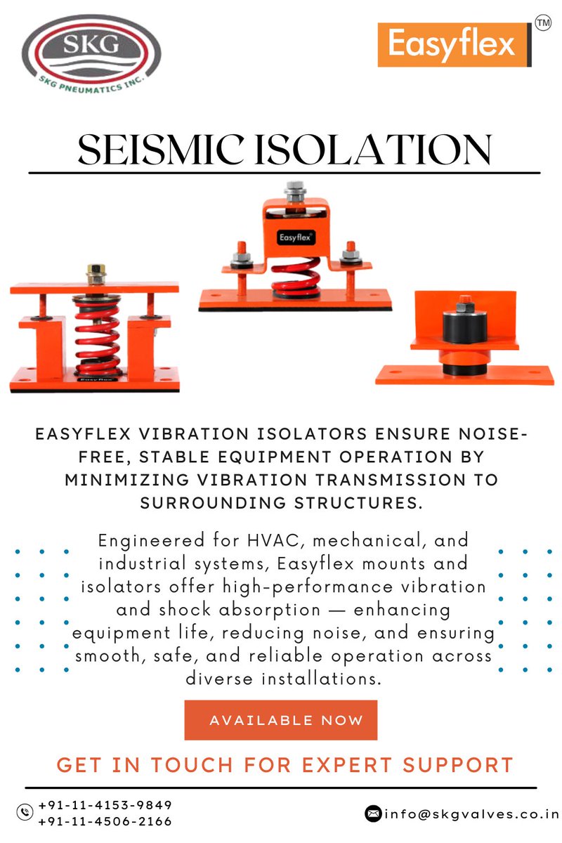 SKG_Pneumatics's tweet image. Easyflex vibration isolators = stable, noise-free operation!
Perfect for HVAC &amp;amp; industrial systems — reduces vibration, extends life, &amp;amp; ensures safe performance.
Available now!
📞 +91-11-4153-9849
#Easyflex #VibrationControl #SeismicIsolation #HVACIndia #SKGPneumatics