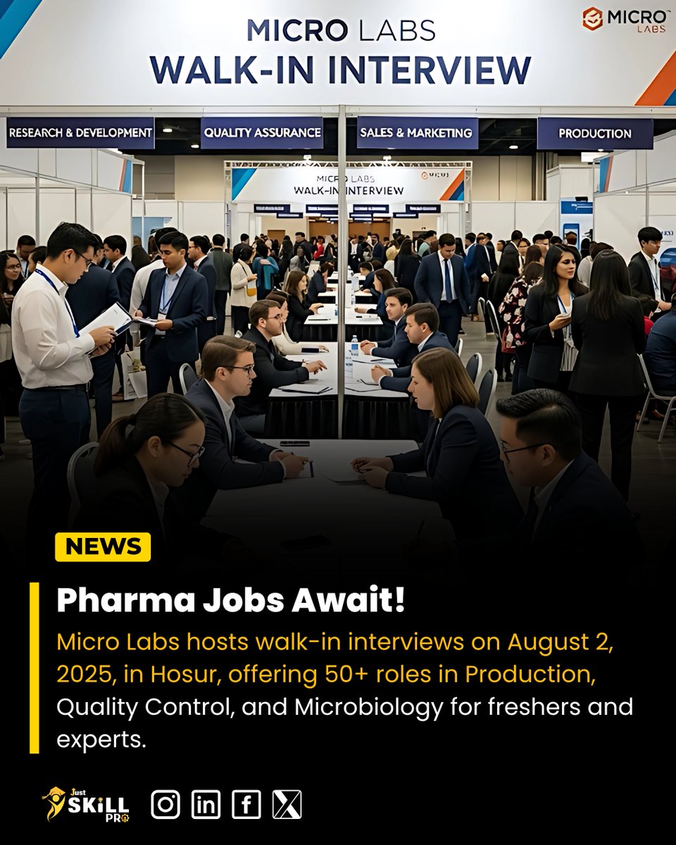 justskillpro's tweet image. 💼 Walk-in Interview Alert!
📅 Aug 2, 2025 | 📍 Hosur
🔬 Micro Labs hiring for 50+ pharma roles in Production, QC &amp;amp; Microbiology. Freshers &amp;amp; experts welcome!

Source: Pharma Wisdom

#PharmaJobs #MicroLabs #WalkInInterview #JobOpportunity #justskillpro