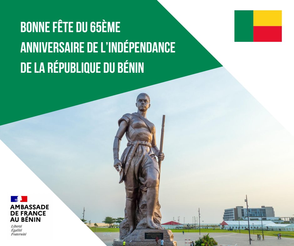 Nous souhaitons aux Béninois et Béninoises une heureuse et chaleureuse fête du 65ème anniversaire de l’Indépendance de la République du Bénin. 🇧🇯 🇧🇯

Nous saluons les relations historiques et les liens qui existent entre nos deux pays. 🤝