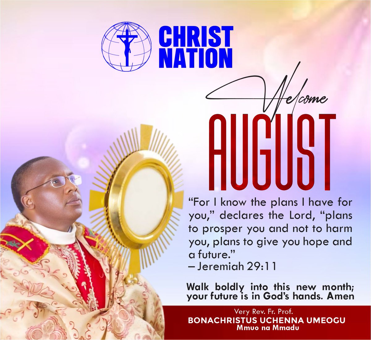 ChristNationNG's tweet photo. Happy New Month

August begins with a promise.

“Plans to give you hope and a future.” – Jeremiah 29:11

God's plans are still good. Step into the month with confidence. Amen

#NewMonth #ChristianFaith #Hope #ChristNation https://t.co/QK9yUob2e1