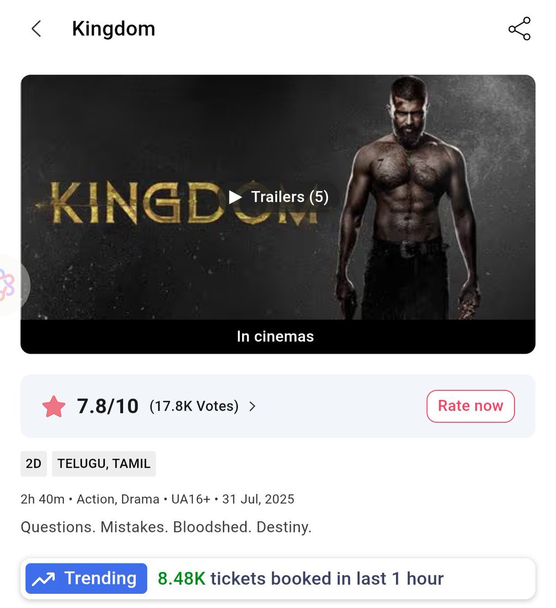 Ashritha1813's tweet image. Excellent bookings for day 2 🔥🔥🔥
Inka weekends kunmestadhi 
Blockbuster kottesav kondanna 
#Kingdom
#BlockbusterKingdom