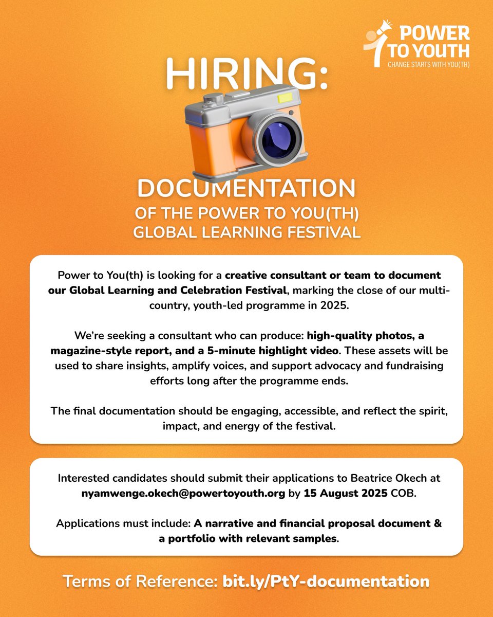powertoyouth21's tweet photo. ‼️ We’re hiring a Documentation Consultant to capture the Power to You(th) Global Learning and Celebration Festival 📸
Apply by 15 Aug. ToR here 👉 https://t.co/gsOce9M0Tw
#PowerToYouth #CallForConsultants #YouthLedChange https://t.co/icztTSjygP