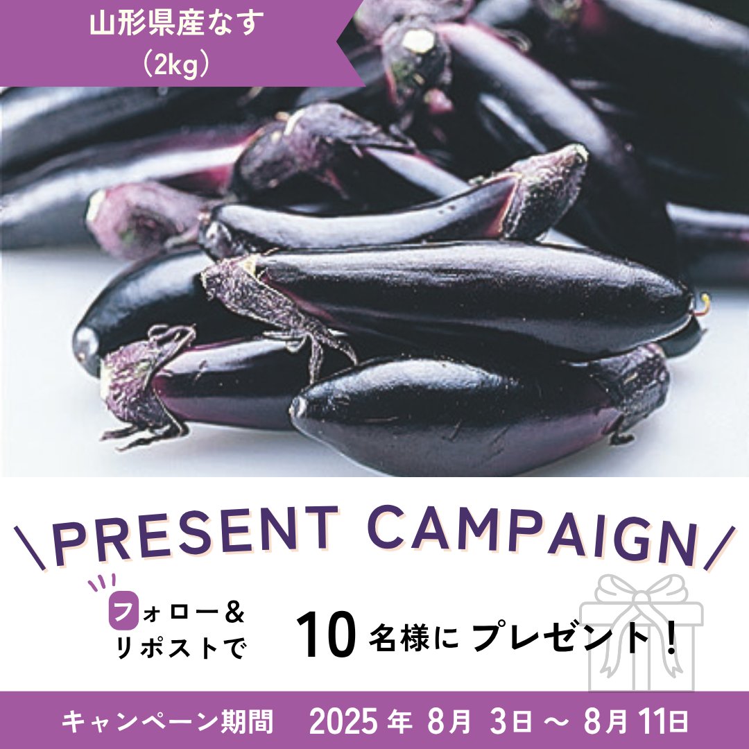 🎁お知らせ🎁
「山形県産なす（2kg）」が抽選で当たる！

夏野菜の王道は、やっぱり「なす」！
煮ても、焼いても、揚げても、漬けても、どんな調理法でもおいしくなる「なす」は、ご家庭の味方です🍆
夏バテ気味の身体に、様々ななす料理を食べてスタミナを回復させましょう☀️💜