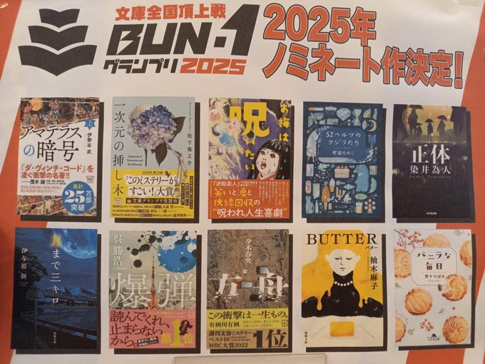 fushimi_ogaki's tweet photo. 今年もやります「BUN-1（ブンワン）グランプリ 2025」！！文庫本ノミネート10作品の中で8/1～9/30の間に一番たくさん売れた本がグランプリ。売れればいいのかすでに売れた本が不利ではないかワンワン吠えずにそういうものとして楽しもう。 #BUN1グランプリ2025 https://t.co/XXvp0rttPa