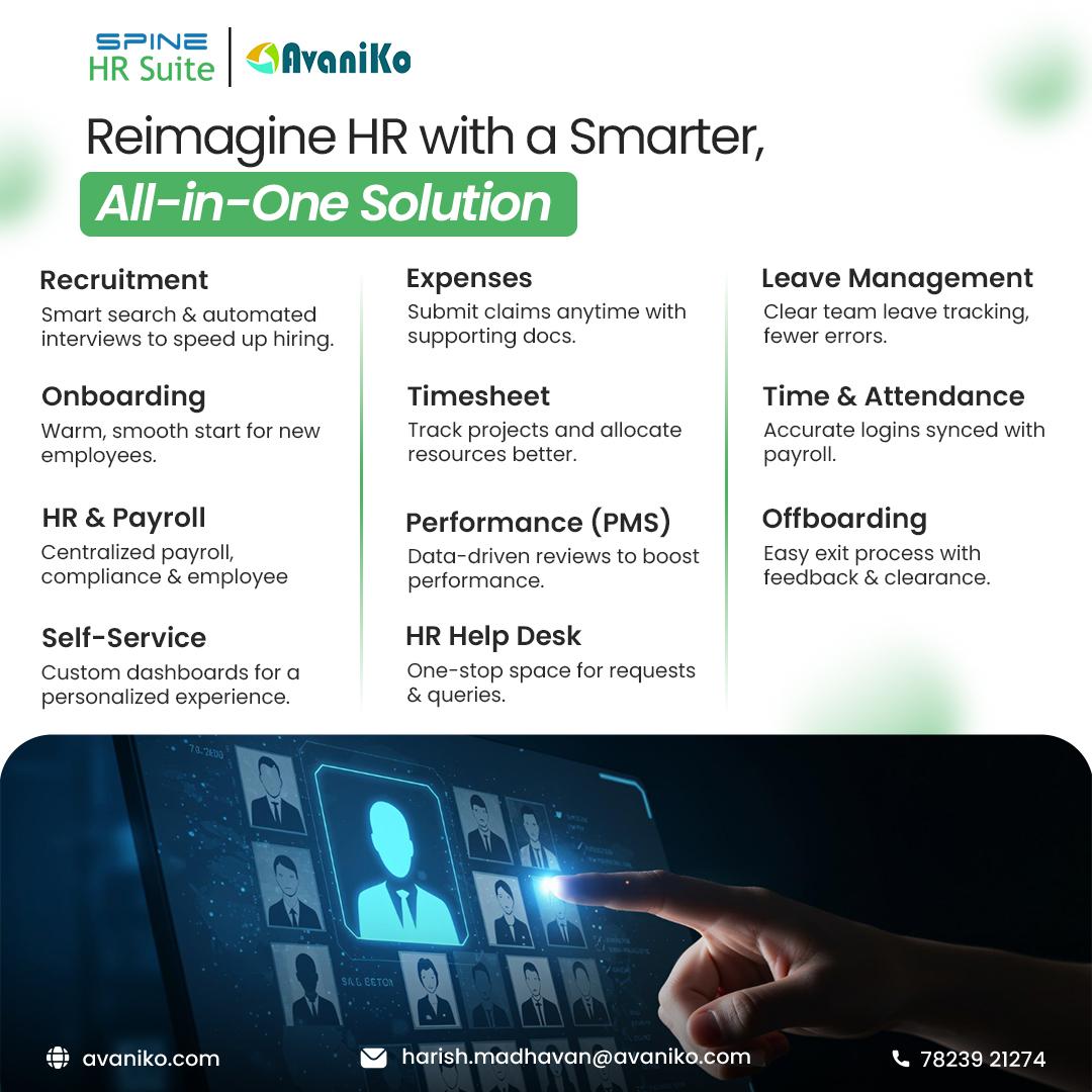 Avaniko_tech's tweet image. Struggling with scattered HR processes?

Try Spine HRMS – the all-in-one platform for Payroll, ESS, Leave, and more.

👉 Book your free demo now!

#SpineHRMS #HRTech #payroll #DigitalHR
#avaniko