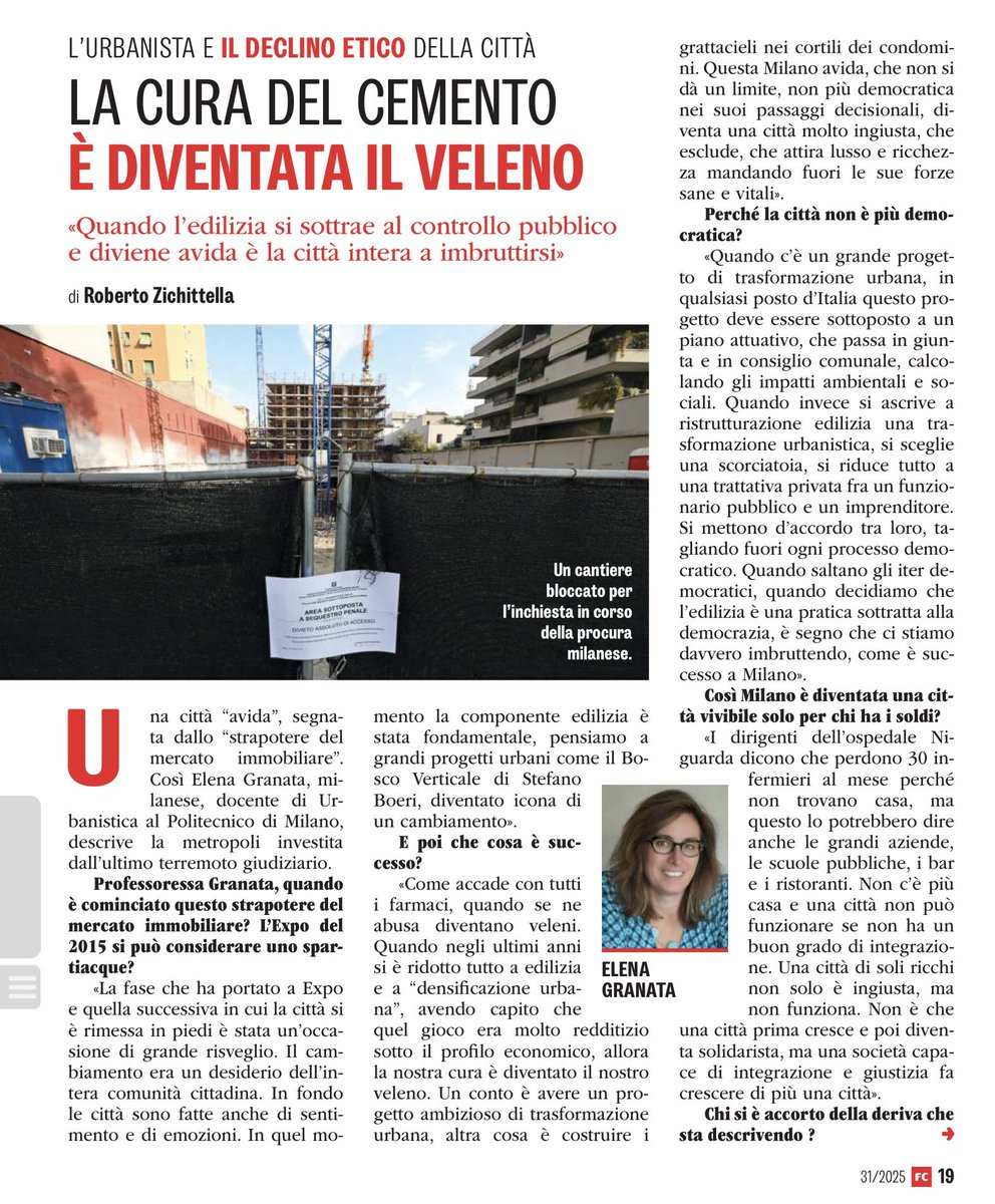 ROBZIK's tweet photo. Sull’inchiesta giudiziaria che scuote Milano qui la mia intervista per @fam_cristiana a @GranataElena, docente di Urbanistica al @polimi https://t.co/oyJbGRG4z5