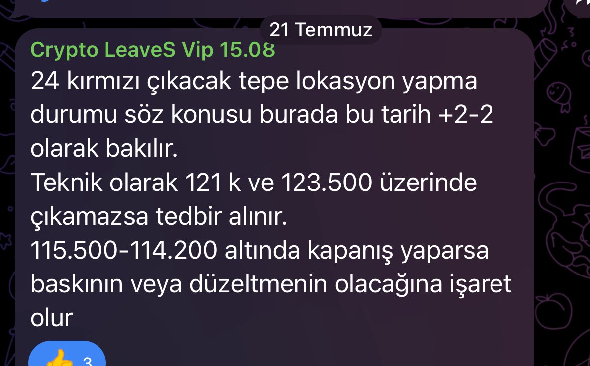 21 Temmuz analizinde 24–2+2 Bitcoin tepe lokasyon yapacağını günler öncesi söyledim ve o bölgeden satış yedi. 123,500 ve 121 k bölgesini işaret ettim ve tam bu bölge tepe lokasyon oldu satış yedi. 
• yanımızda bulunmak için özelden iletişim kur #bitcoin #btc #altcoin #etherium