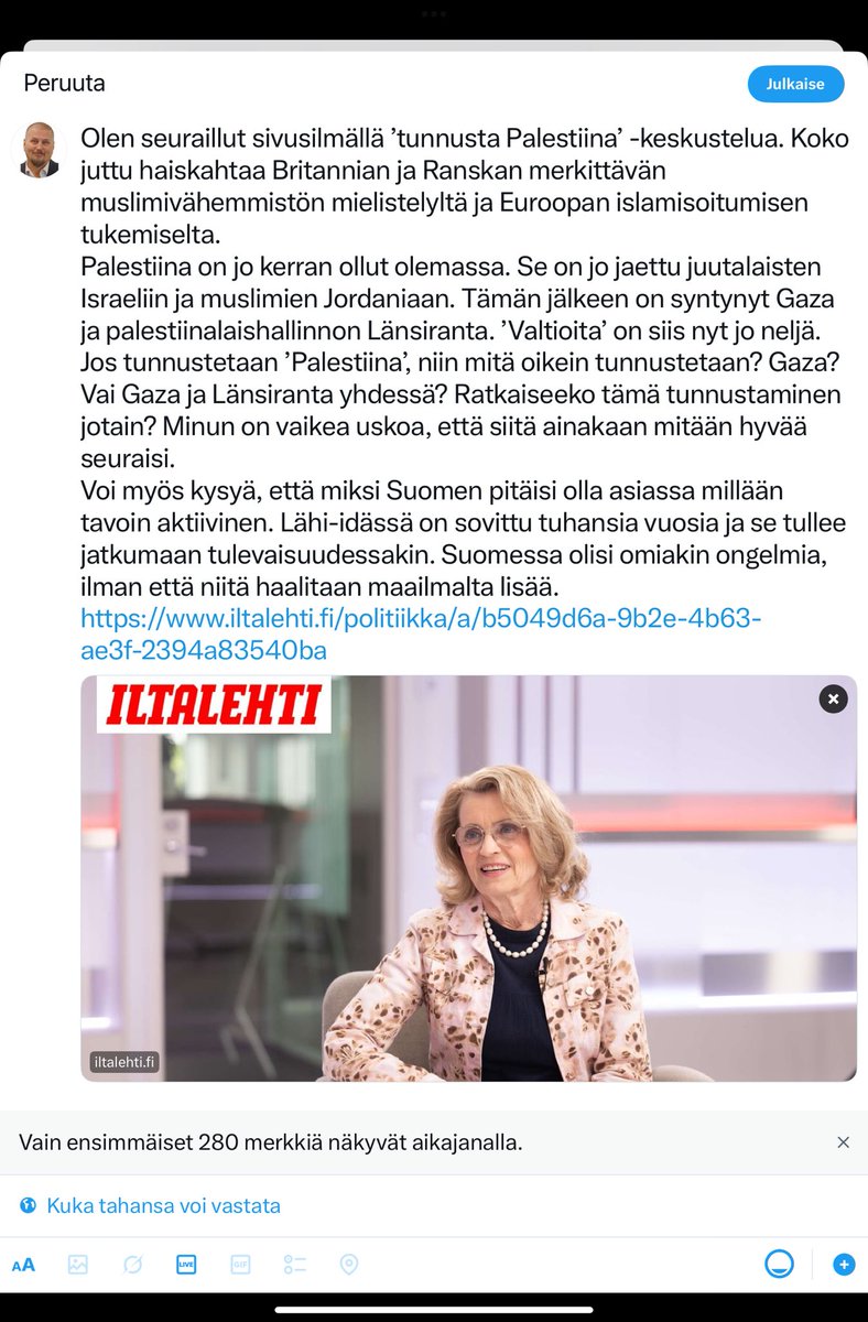 Ossi Tiihonen 🇫🇮 (@ossitiihonen) on Twitter photo X estää ao. tekstin julkaisun. Ihmettelenpä miksi. EU:n digidirektiivi DSA? 
Miettikää - poliittisen puolueen puheenjohtajalta estetään julkinen poliittinen kirjoittaminen. Vapauden liitto pidetään valtamediassa täysin pimennossa. Tämän lisäksi some-sensuuri kiristyy jatkuvasti. X estää ao. tekstin julkaisun. Ihmettelenpä miksi. EU:n digidirektiivi DSA? 
Miettikää - poliittisen puolueen puheenjohtajalta estetään julkinen poliittinen kirjoittaminen. Vapauden liitto pidetään valtamediassa täysin pimennossa. Tämän lisäksi some-sensuuri kiristyy jatkuvasti.