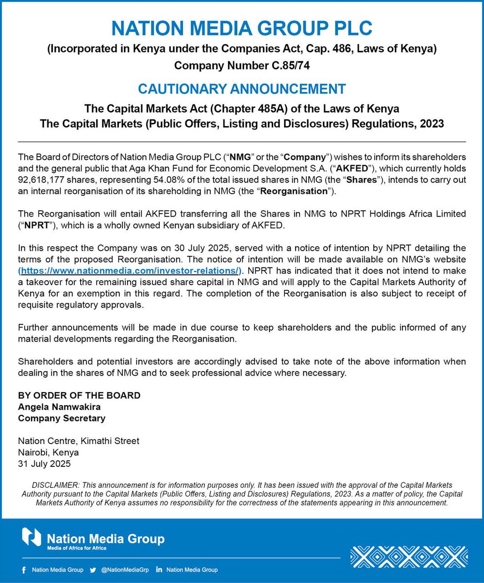Uganda Securities Exchange (@useuganda) on Twitter photo NOTICE: <a href="/NationMediaGrp/">Nation Media Group</a> have released a cautionary announcement regarding AKFED's internal reorganisation of its shareholding in the company.
For more information, kindly follow the link to our website: use.or.ug/content/nation… NOTICE: <a href="/NationMediaGrp/">Nation Media Group</a> have released a cautionary announcement regarding AKFED's internal reorganisation of its shareholding in the company.
For more information, kindly follow the link to our website: use.or.ug/content/nation…