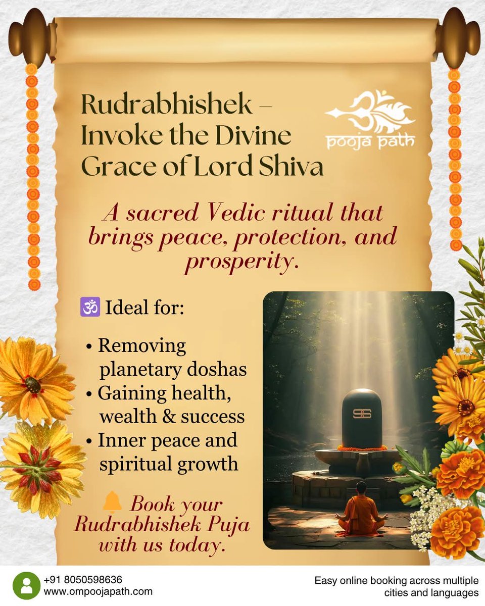 Ompoojapath1's tweet photo. 🕉️ Rudrabhishek Puja – Invoke the Divine Blessings of Lord Shiva 🌺
📱 Book now: +91 80505 98636 | 🌐 https://t.co/zsF8GKCJhf
🌍 Online bookings available in multiple cities and languages!

🔖 #Rudrabhishek #LordShivaBlessings #VedicPuja #RemoveDoshas #SpiritualHealing #ShivaPuja https://t.co/3t1BKajliL