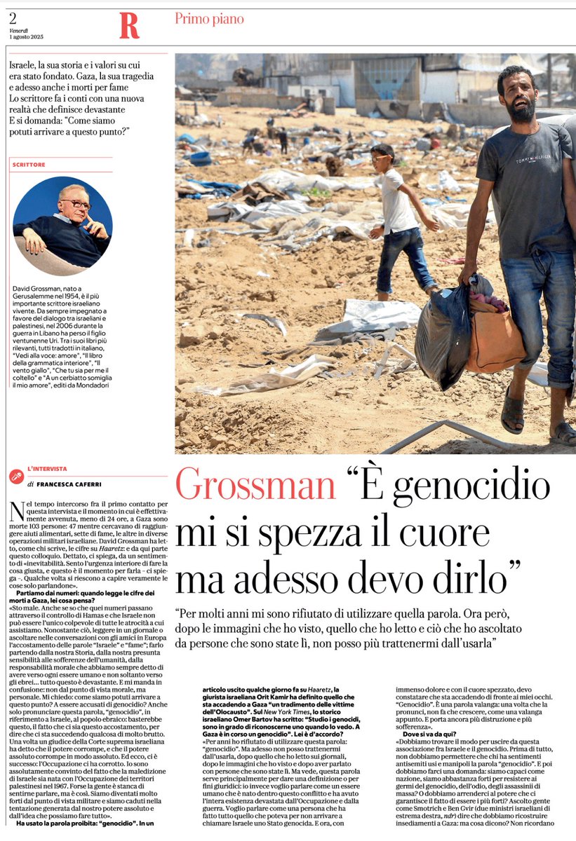 Commovente,angosciata intervista a David #Grossman, il più importante scrittore israeliano vivente, su #Repubblica: quello del governo di #Netanyahu “è #genocidio. Mi si spezza il cuore, è una parola che per anni ho rifiutato di utilizzare, ma adesso devo dirlo”. #palestina #gaza
