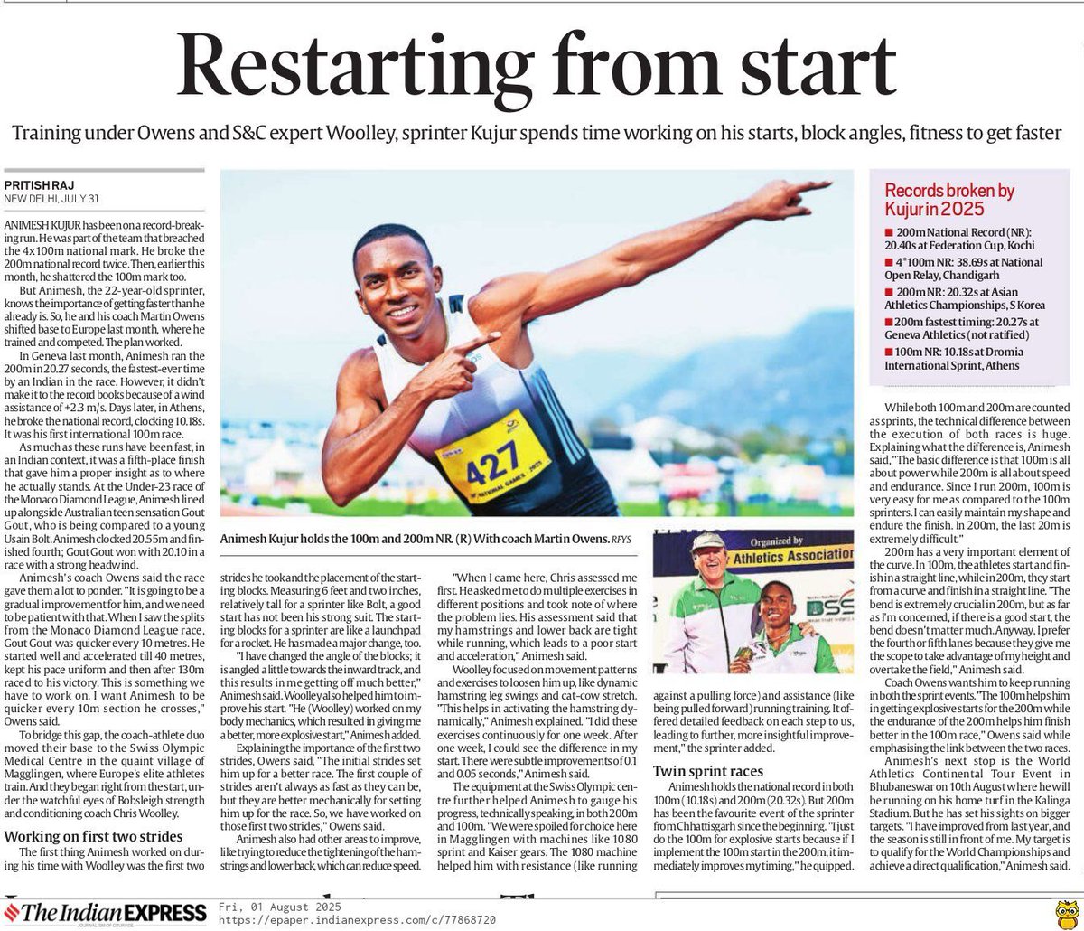 Pritish Raj (@befikramusafir) on Twitter photo Talked to Animesh Kujur and his coach Martin Owens to understand what he has done to constantly improve his timings in both 100m & 200m.
It was a fascinating conversation on how small things matter in Athletics.
You can the read story: shorturl.at/c2x3C
<a href="/IExpressSports/">Express Sports</a> Talked to Animesh Kujur and his coach Martin Owens to understand what he has done to constantly improve his timings in both 100m & 200m.
It was a fascinating conversation on how small things matter in Athletics.
You can the read story: shorturl.at/c2x3C
<a href="/IExpressSports/">Express Sports</a>