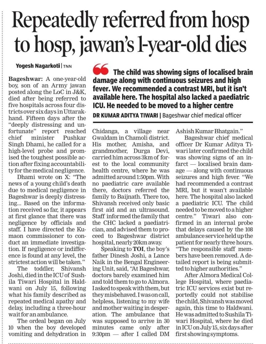 A one-year-old boy, son of Army Jawan posted along the LOC in J&amp;K died after being referred to 5 hospitals cross 4 district over six days in Uttarakhand