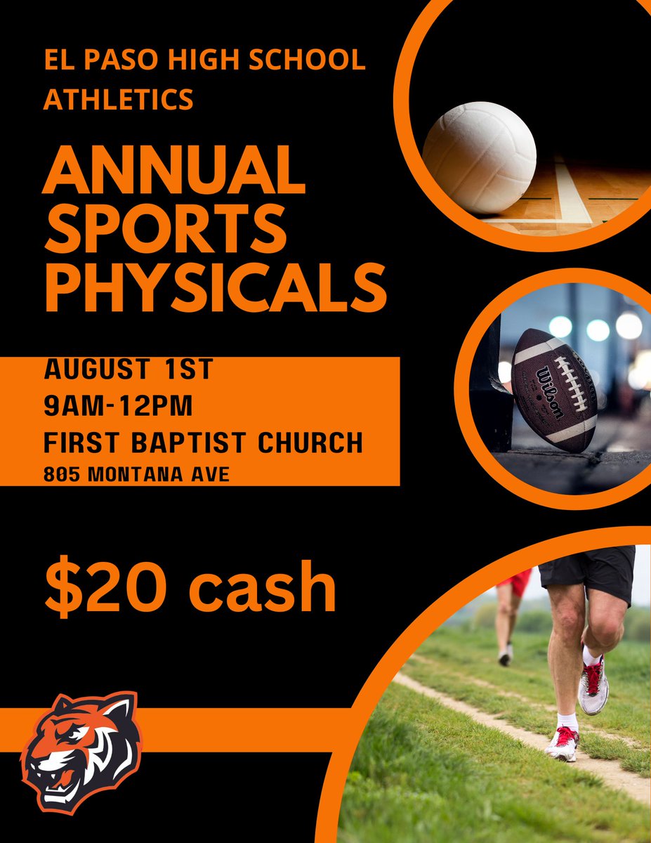 Physicals will be tomorrow at 9am at First Baptist Church down the street from EPHS. Our Trainers Monte and Tori will be there to assist and provide physical paperwork.   Cost is 20.00. <a href="/elpasohs/">El Paso High School</a>