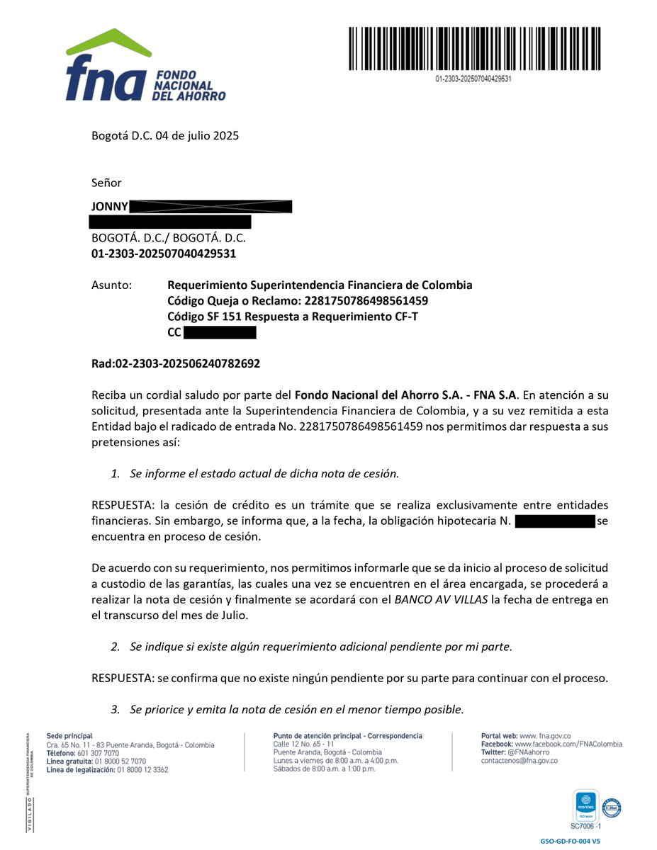 6jonny's tweet photo. @FNAahorro @lauraroaz más de dos meses esperando la nota de cesión al @BancoAVVillas para el levantamiento de mi hipoteca. El 4/07 se comprometieron a entregarla en julio y aún no hay respuesta. Esto afecta mi derecho constitucional a la propiedad. @SFCsupervisor @WRadioColombia https://t.co/jauzFkOgZX