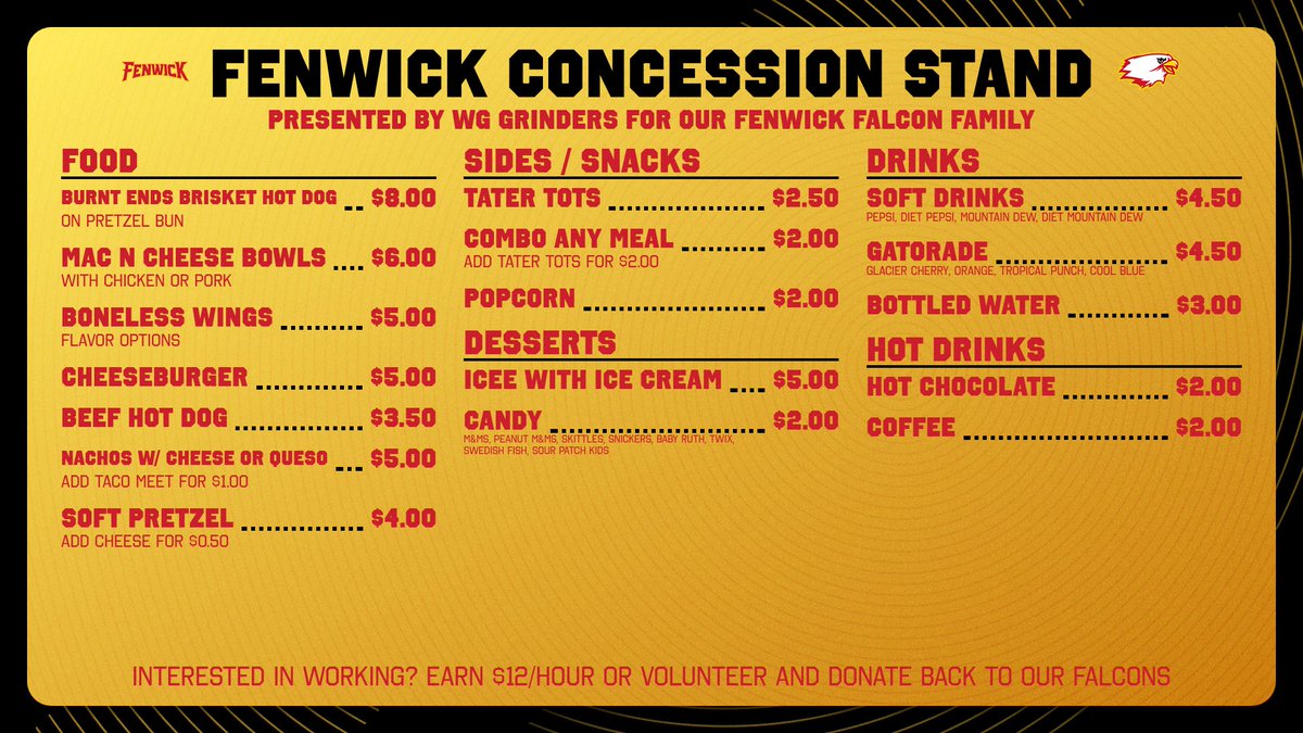 Bishop Fenwick Athletics (@fenwicksports) on Twitter photo 🚨Exciting News! We’re thrilled to announce our new concessions partnership with <a href="/wggrinders/">WG GRINDERS</a>
Check out the new menu and new food options for the fans, families, and student-athletes. Grinders is now hiring concession workers and seeking volunteers for fall sports!
#WeAreFenwick 🚨Exciting News! We’re thrilled to announce our new concessions partnership with <a href="/wggrinders/">WG GRINDERS</a>
Check out the new menu and new food options for the fans, families, and student-athletes. Grinders is now hiring concession workers and seeking volunteers for fall sports!
#WeAreFenwick