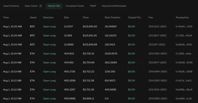 鲸鱼0x4a20在BTC和ETH上的详细多头仓位列表
