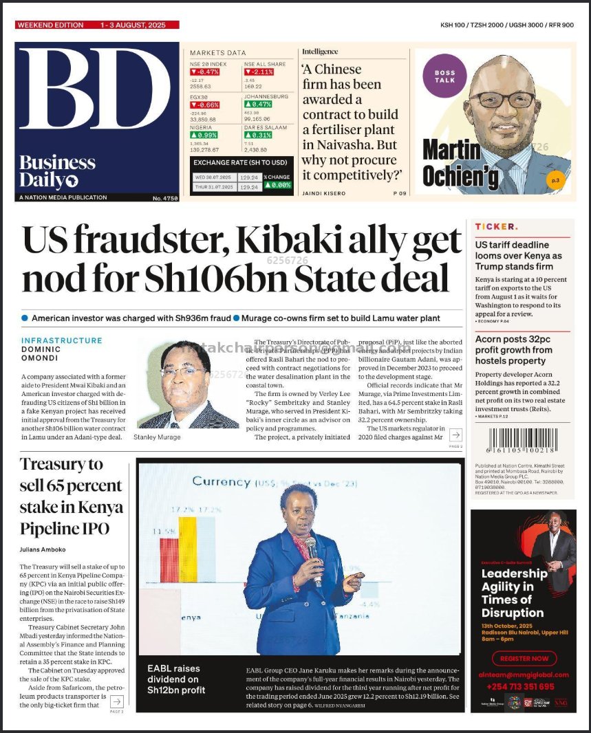 FINTAK_Official's tweet photo. A company tied to Stanley Murage, former aide to President Mwai Kibaki, and the late American investor Verley Lee “Rocky” Sembritzky, previously charged by US authorities with defrauding investors, has secured preliminary approval from Kenya’s Treasury for a Sh106 billion desalination plant in Lamu under a private public partnership (PPP) model. Despite Sembritzky’s controversial past, including allegations that he misused nearly Sh1 billion collected from American investors for a similar fake project, the Treasury's Directorate of PPP has allowed the company, Rasli Bahari, to proceed with negotiations. Questions remain about the adequacy of shareholder vetting, compounded by the firm's failure to legally update its shareholding structure following Sembritzky’s reported death in 2022.

The desalination plant, intended to supply potable water and extract saleable minerals, was okayed to move from feasibility to full contract in April 2025; Rasli says it has spent $20 million to date and is courting DFIs to take a 30 % equity slice. But the SEC record shows Sembritzky previously diverted investors’ money into luxury cars, jewellery and a $2 million condo, agreeing to $6.6 million in penalties. Critics worry the Lamu deal could saddle taxpayers with contingent liabilities if financing unravels, noting that PPP rules require Cabinet level scrutiny and PPRA monitoring for PiPs, yet neither body has addressed the ownership anomaly or Sembritzky’s fraud history. The episode underscores holes in Kenya’s project screening regime just as the government leans on PPPs to fund big ticket infrastructure amid a debt squeeze.
#PublicPrivatePartnerships #Governance #InfrastructureFinance #KenyaEconomy