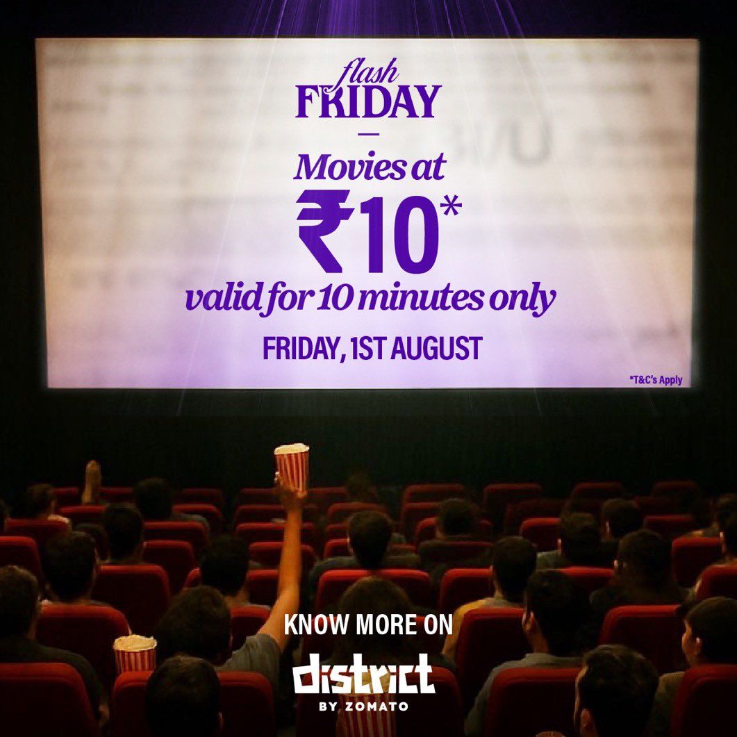Mysterydealz's tweet photo. 🎬 Movie tickets for just ₹10!

The District app is running a flash deal every Friday at 10 AM, you get 10 minutes to grab tickets for just ₹10. 

Don't miss it! ⏰🍿 https://t.co/ETMTIT5tSn